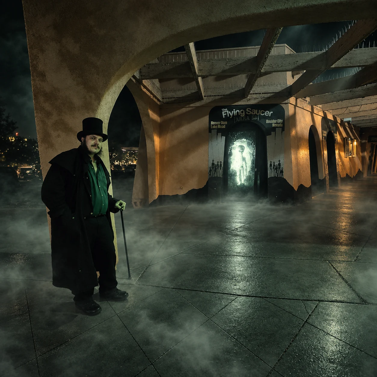 Tour guide in a top hat and long coat with a cane on a foggy walkway at night, The Flying Saucer alien display behind him